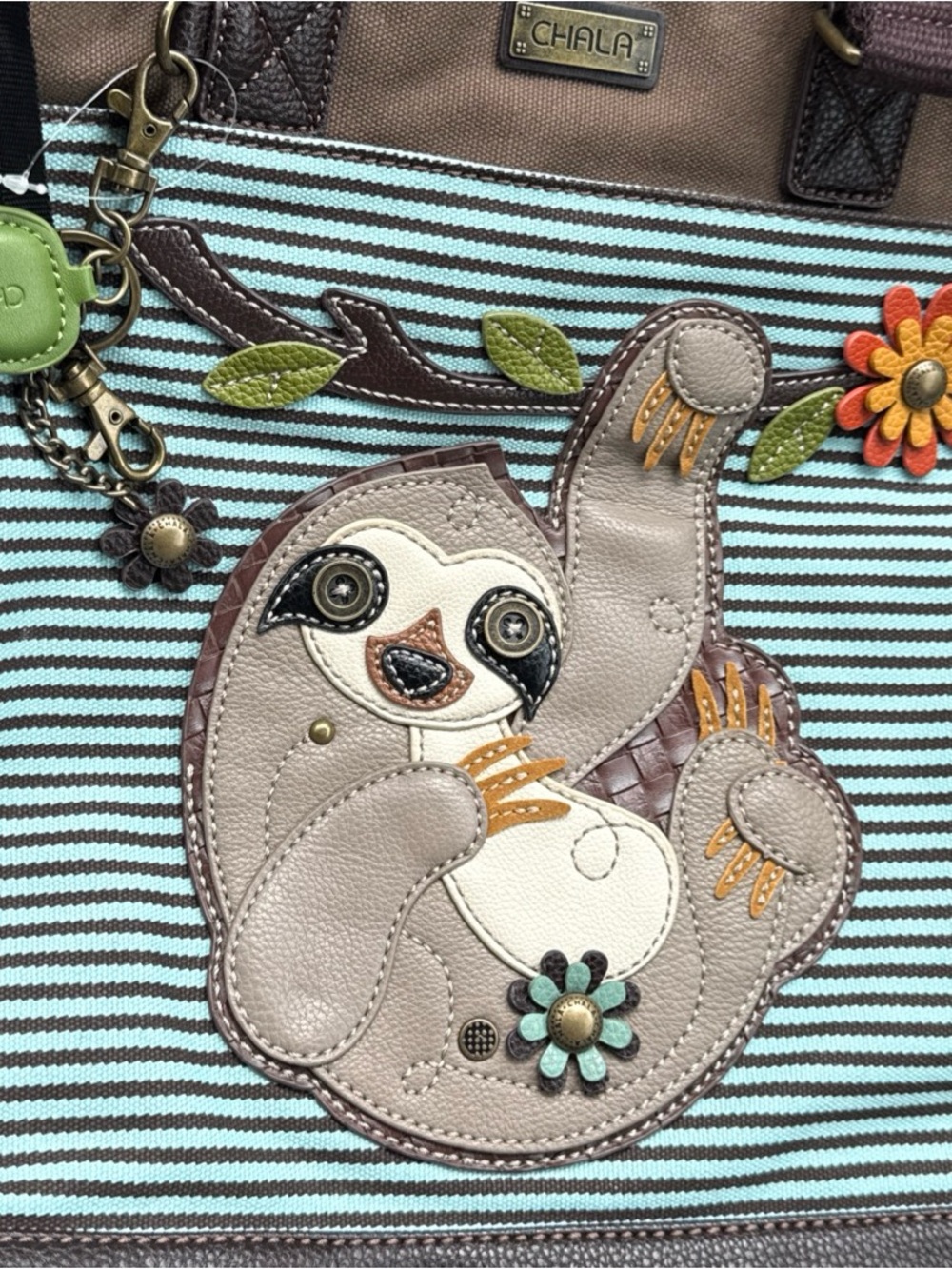 Chala Aqua and Brown Striped Sloth Tote with Floral Charm